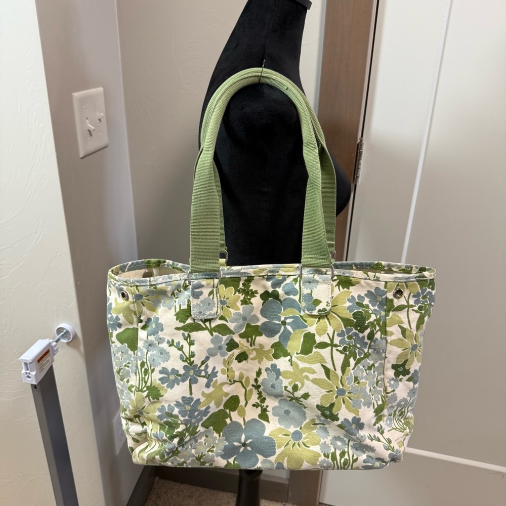 Vintage Eddie Bauer Large‎ Canvas Tote Bag Green Blue Floral Pastel Adjustable - Picture 5 of 8